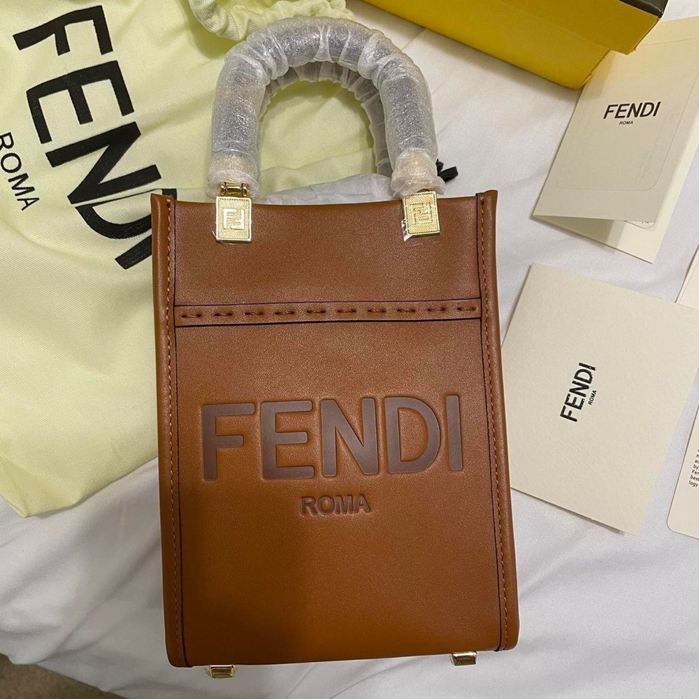 Fendi Sunshine Mini calfskin Logo Shopper Tote Bag in color Miele brown